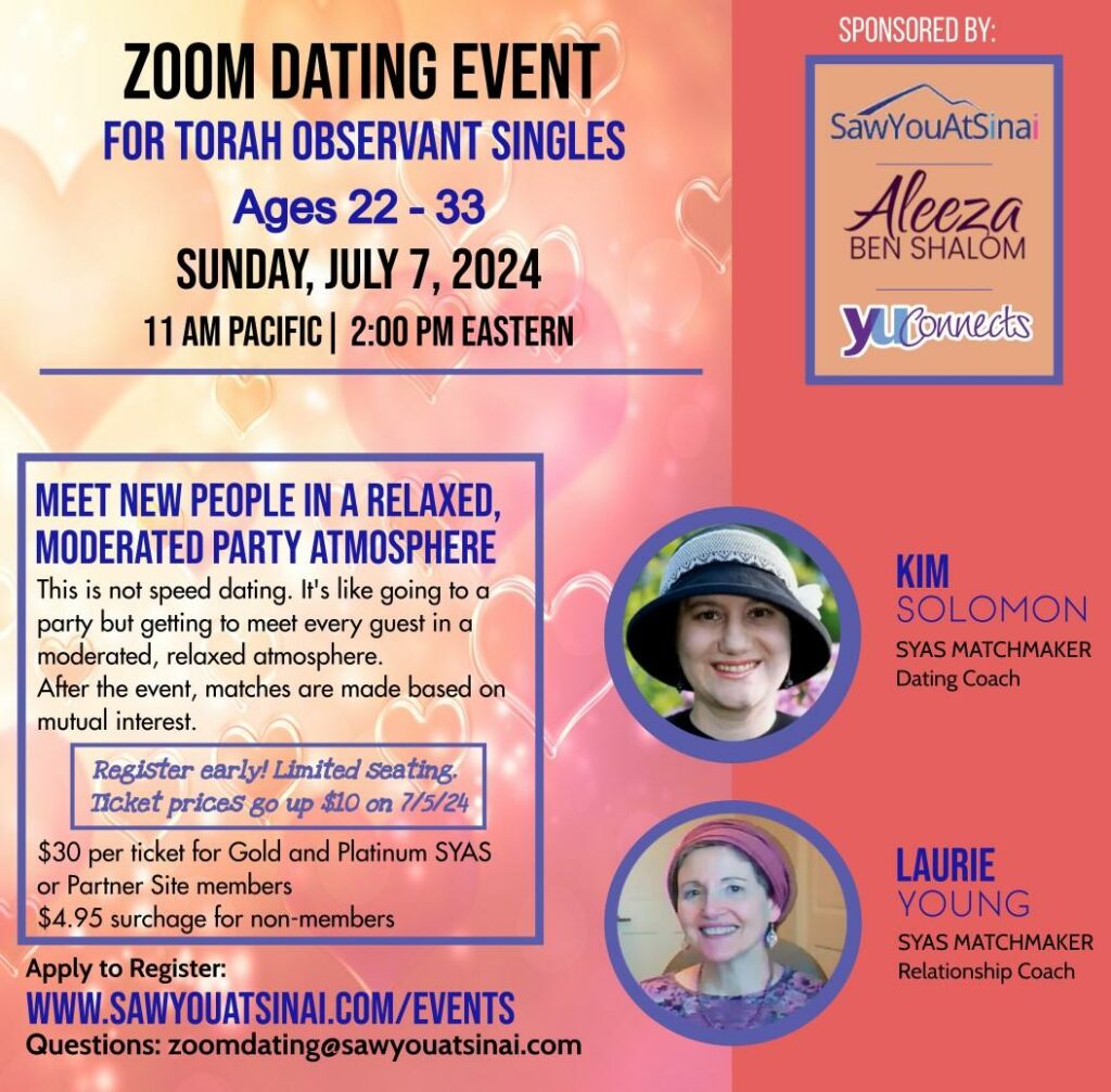 Zoom Event for Torah Observant Singles Ages 22-33 July 7th 2pm EST Living Across the USA & Canada