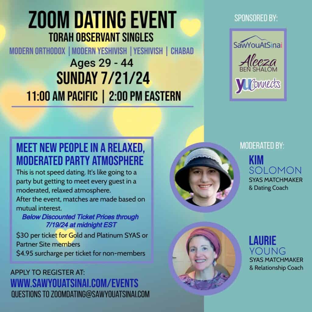 Zoom Event for Torah Observant Singles Ages 29-44 July 21st at 2pm EST